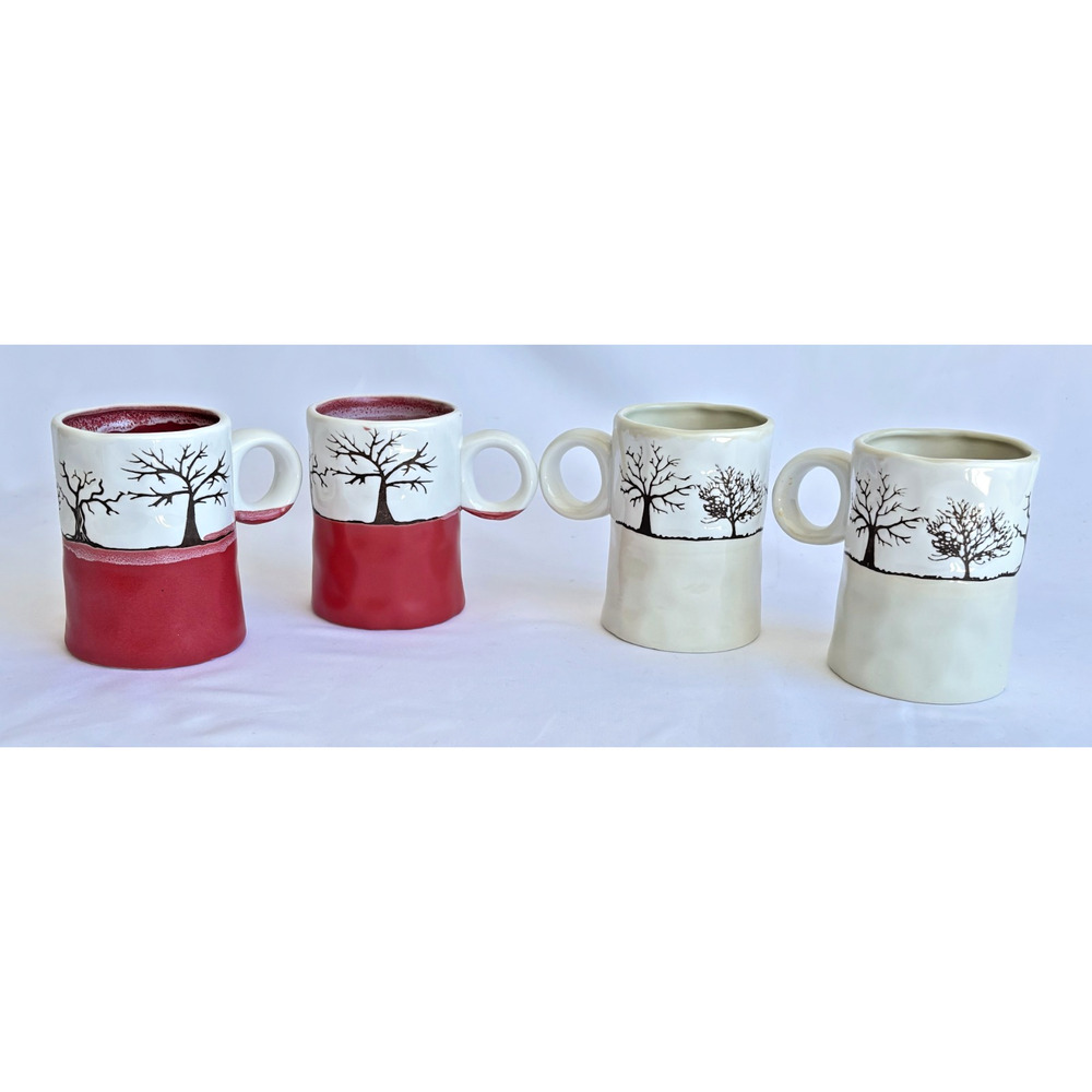 Comfify Red and White Coffee Mugs Tree Design Set of 4 - RARE FIND